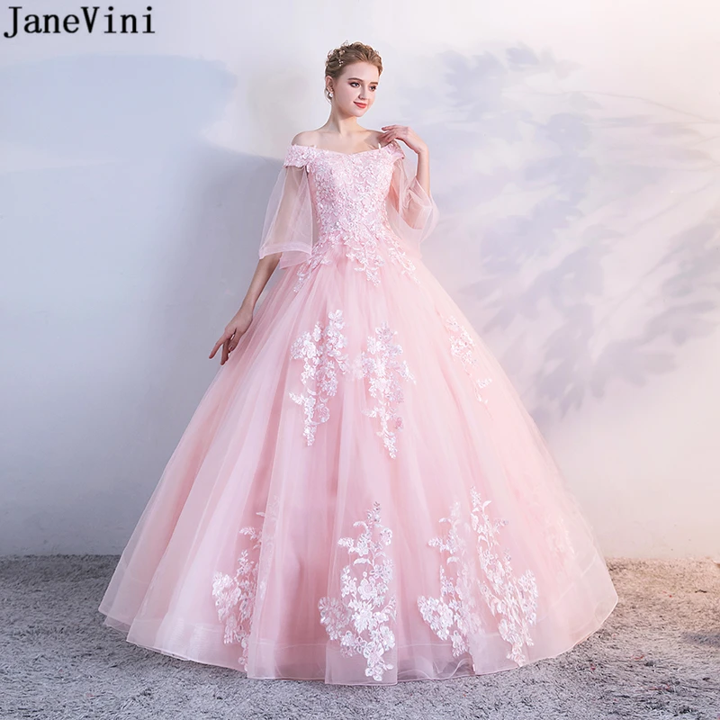 JaneVini Очаровательная блестками розовые платья Quinceanera 2019 V шеи аппликационные Жемчужины для кружева с открытой спиной Большие размеры