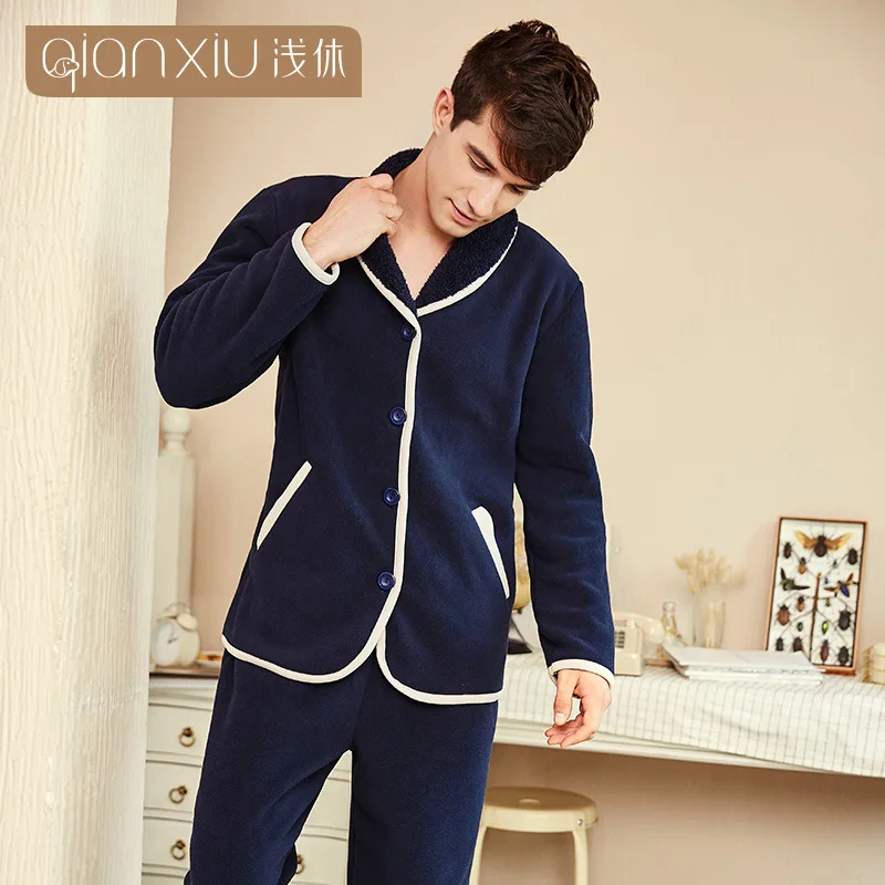 Для мужчин ягненка кашемировые пижамы комплект Домашняя одежда зима с длинным рукавом лацканами шить манжеты пижамы Homme Ночная