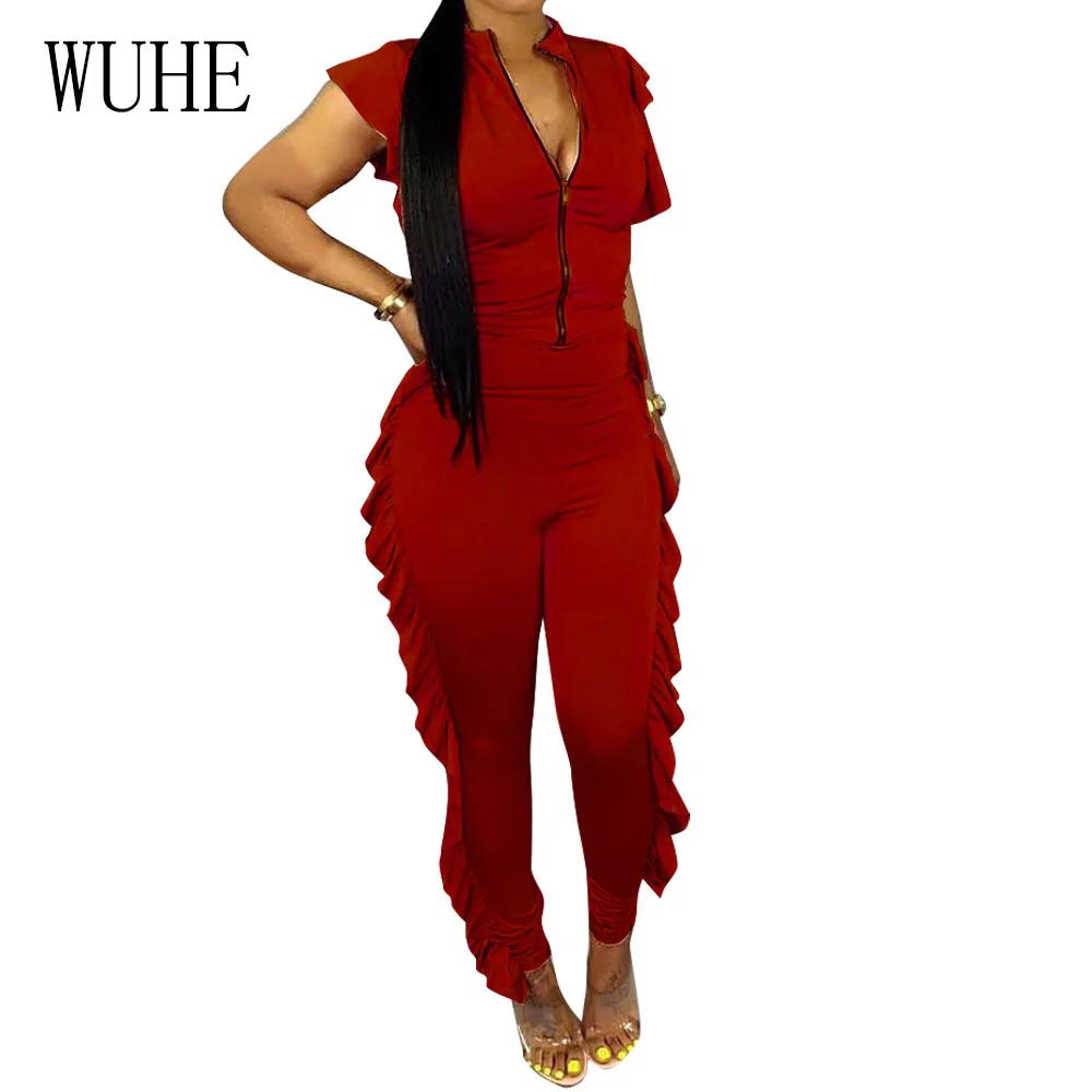 

Newest Fashion Sexy Ruffle Jumpsuit Women Short Sleeve V Neck Slim Casual Bodycon Summer Jumpsuit Elegant Ladies Party Overalls