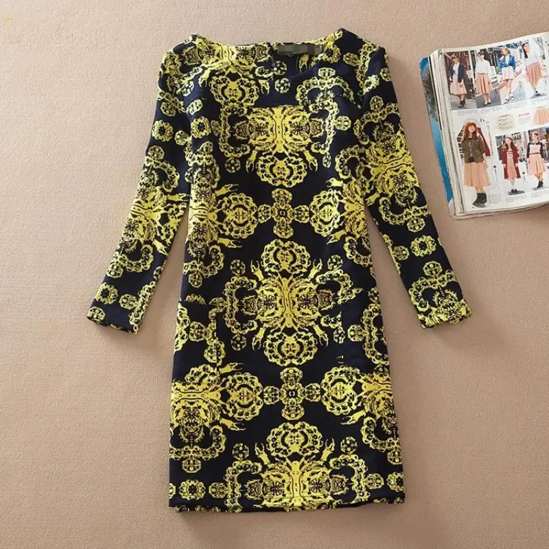 New Women's Summer & Autumn O-neck A-line skirt classic long-sleeved printed dress