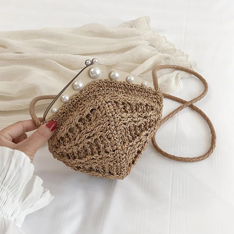 

Fashion Woven Straw Bags Wooden Top Handle Clip Bag Buckle pearl Women Shoulder Messenger Bags Lady Handbag beach crossbody bag
