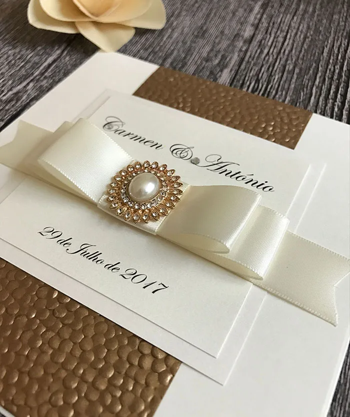  Luxury Gold/Silver/White Embossed Pebble Wedding Invitations with Pearl and Crystal Embellishment - 32763217134