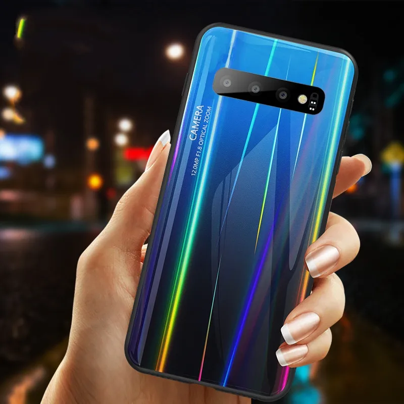 

For Samsung Galaxy S10 5G S10 Plus S10e S9 S8 Plus Note 9 8 Case Aurora gradient Tempered Glass Soft Silicone edge Back Cover