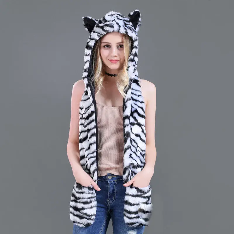 White Tiger Новинка, брендовая зимняя теплая шапка с мультяшным животным, плюшевая шапочка, флисовая зимняя теплая пушистая шапка с капюшоном, шапка-ушанка - Цвет: White Tiger