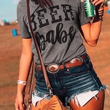 Женская бейсбольная Футболка с коротким рукавом и надписью «Beer Babe», Ulzzang, футболки, топы для девушек, серые, 90 s, эстетическая футболка, модная одежда больших размеров