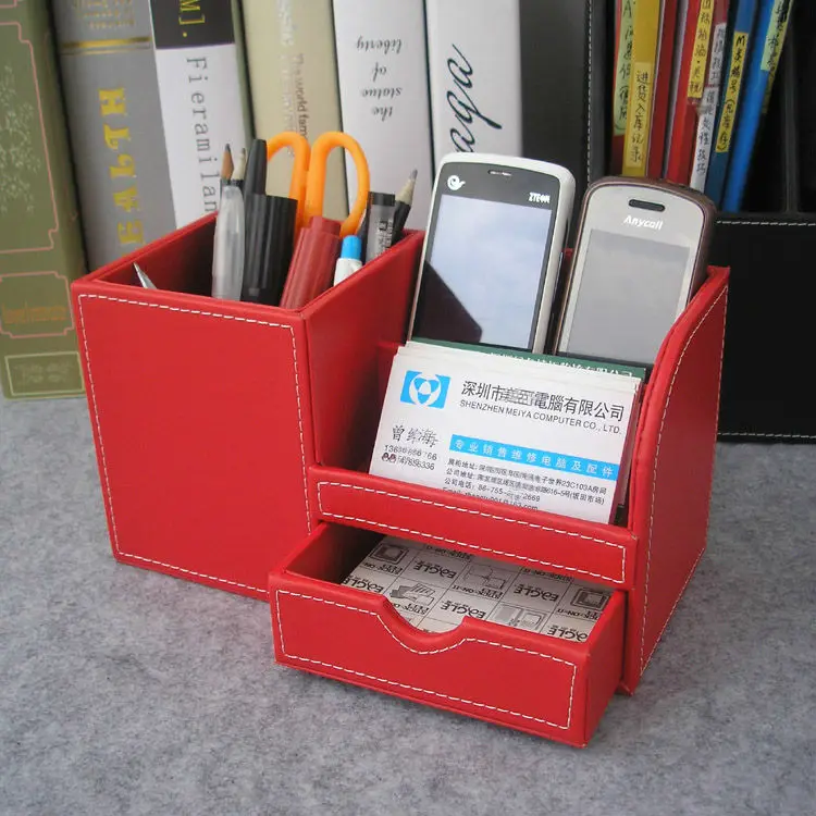 Wooden Struction Leather Multi Function Desk Stationery Organizer