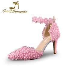 Momentos de amor Mulheres Bombas Tira No Tornozelo Do Dedo Do Pé Pontudos Sapatos de casamento Das Mulheres sapatos de Salto Alto sapatos de Festa Cocktail Rosa Mulher