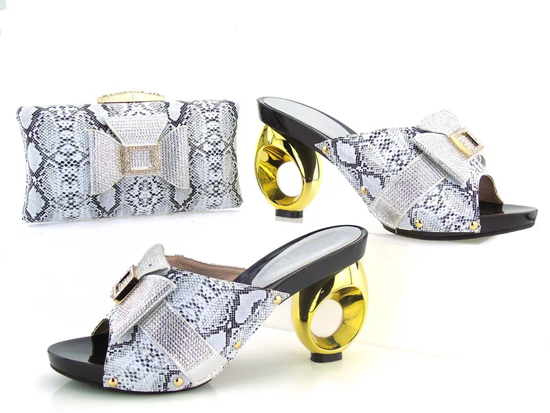

African aso ebi party black and silver shoes and bag matching set free shipping high quality italian shoes and bag HMS004