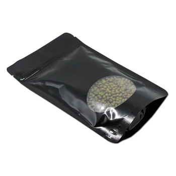 

13*21cm 50Pcs/ Lot Doypack Black Pure Aluminum Foil Zipper Packing Bags With Round Window Stand Up Heat Seal Mylar Storage Pouch