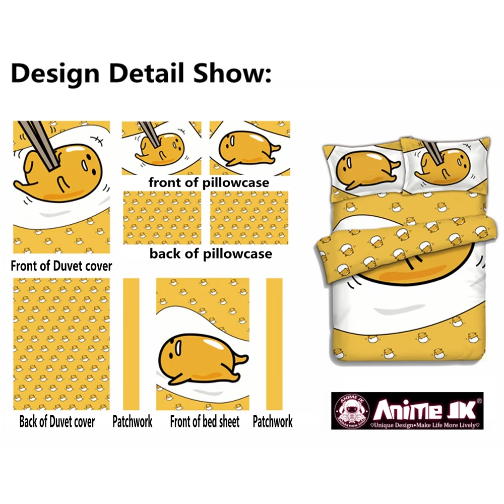 Gudetama Bedding Sets Lazy Egg Flat Sheet Quilt Cover Pillowcase Comforter Set