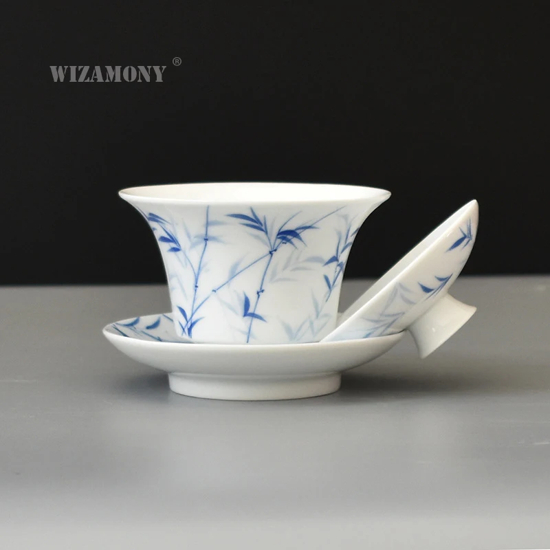 1 шт WIZAMONY голубой и белый бамбуковый Gaiwan Китайский древний чайный набор из глазури Цзиндэчжэнь чайная чашка для разнообразного чайного фарфора