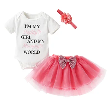 

Cute Baby Girl Clothes Outfits cute Short sleeve letter pattern Bodysuit+Sequin Bow Skirt+Headband bear Baby three Piece sets