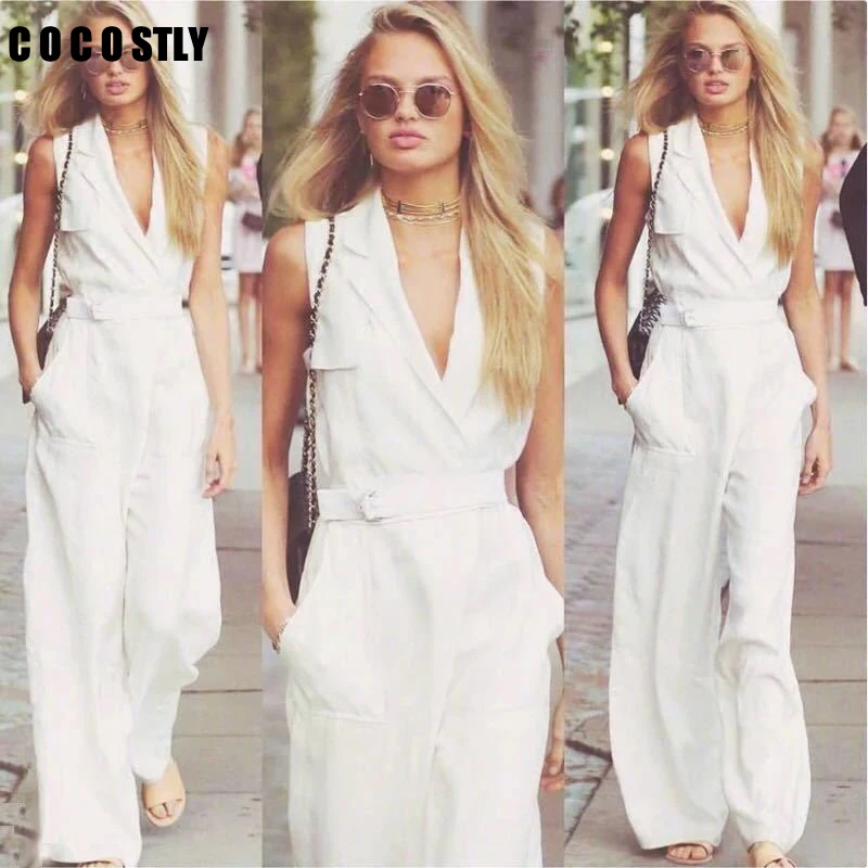 

White Solid Sleeveless Women Jumpsuit Lapel Sleeveless High Waist Sashes Big Size Female Pants Autumn 2019 Fashion New