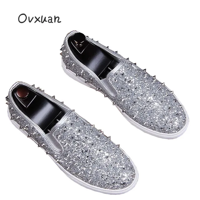 mens silver spiked loafers