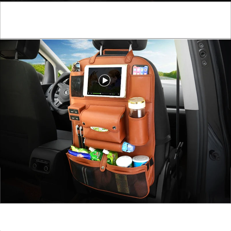 Автомобильный Органайзер на заднее сиденье, органайзер на заднее сиденье автомобиля из искусственной кожи с 4 USB зарядным устройством, подставка для телефона, складной лоток, аксессуары для интерьера