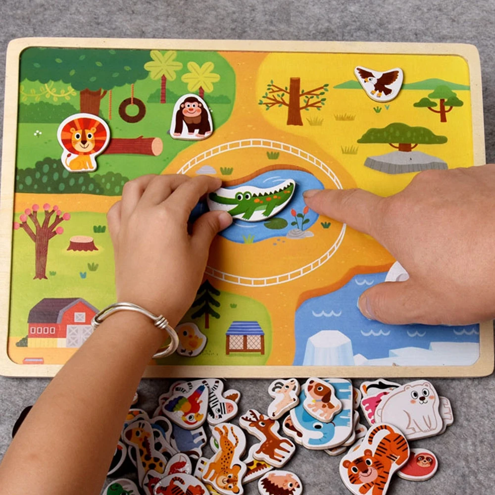 Educational Early Learning Magnetic Puzzle Kids Wooden Toys For Children 3d Puzzle Animal-traffic Scenes Intelligence Juguetes