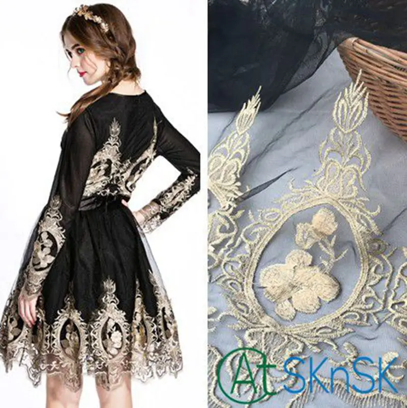 

Lace 2016 New Gold lace embroidery flame flower bilateral clothes costume wedding fabric 130cm wide SK4033 , Free shipping