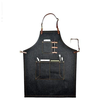

Denim Kitchen Cooking Apron with Adjustable Cotton Strap Large Pockets Blue Barista Men and Women Homewear