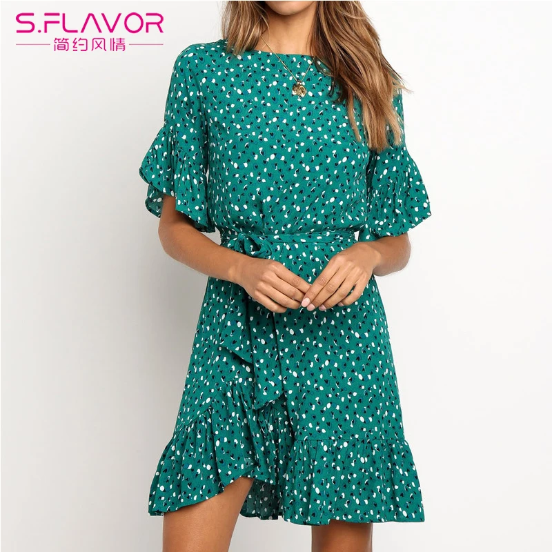 

S.FLAVOR Women Summer Printed Dress O-Neck Butterfly Sleeve Spring Women Vintage Casual Dress Girl's Party Sexy Short Dresses
