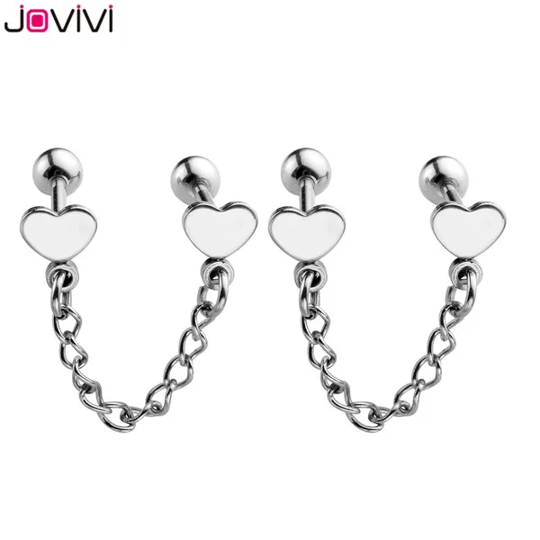 JOVIVI 2-6 шт унисекс Stainlss сталь двойной с кисточкой-сердцем цепь штанга хрящевая спираль серьги гвоздики пирсинг ювелирные изделия - Окраска металла: 1 Pair Silver