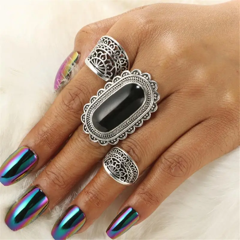 

3 PCS Fashion Rings Set Black Faux Pearl Decoration Personality Rings Jewelry