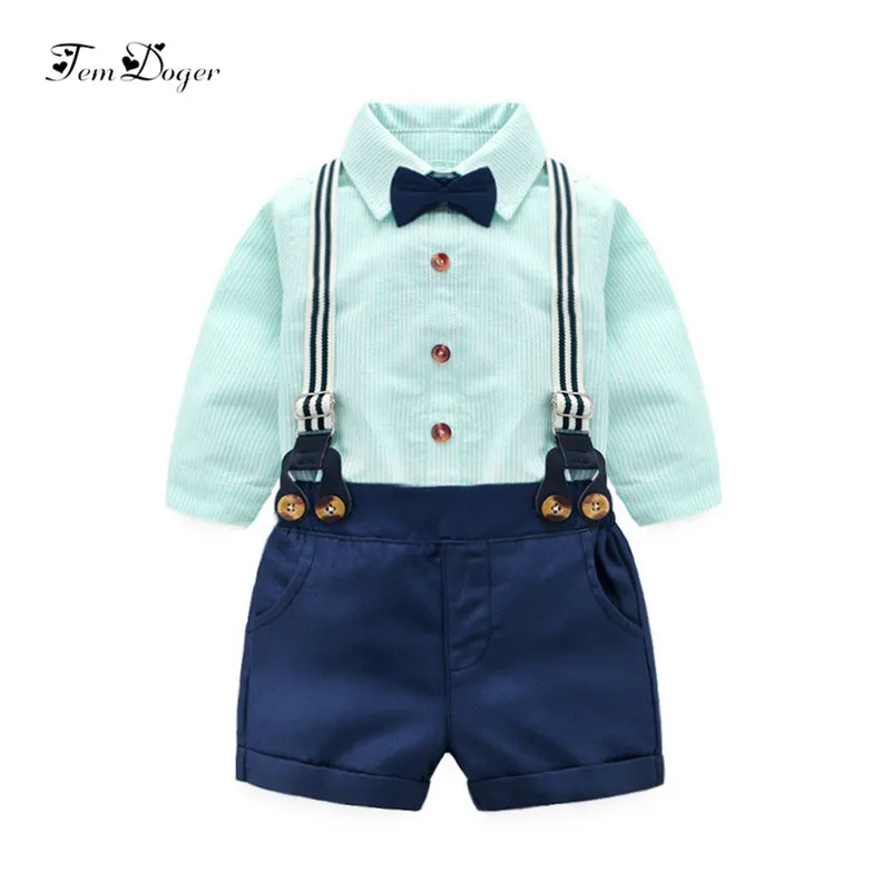 

Tem Doger Baby Clothing Sets Spring Newborn Boy Clothes Suits Cotton Tie Striped Shirts+Overalls 2PCS Outfits Gentleman Set