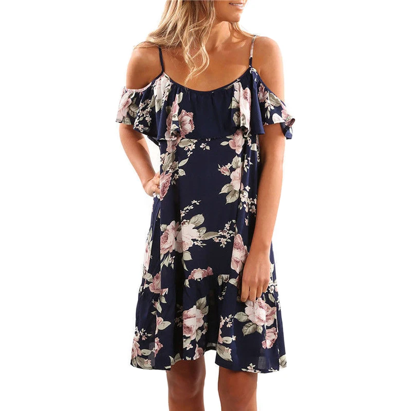 

2019 New spring and summer women dress hot flower print strap flounced short sleeve off shoulder female dresses vestidos OYM0496