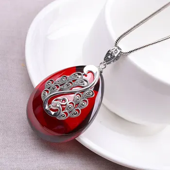 

Real Pure Silver 925 Jewelry Peacock Pendant For Women Natural Garnet Gemstone Geometrical Pendants Jewelry Making