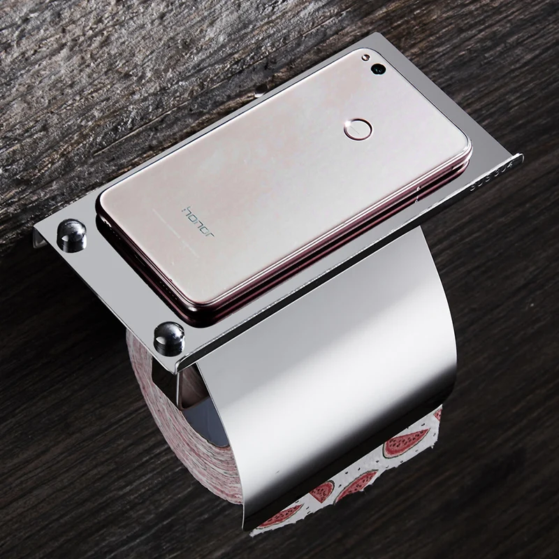 Paper Towel Holder Stainless Steel Toilet Paper Holder with Shelf Phone Storage Wall Mount Creative Bathroom Roll