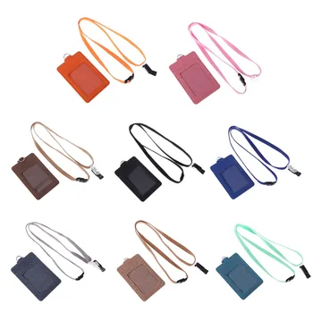 

Sell at a loss! Portable Leather Business Work ID Bus Card Badge Case Holder Cover with Neck Lanyard for Women Men