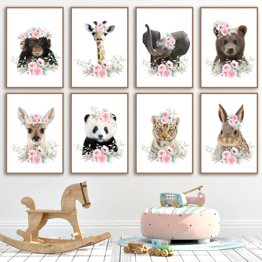 

Tiger Lion Deer Bear Giraffe Elephant Panda Nordic Posters And Prints Wall Art Canvas Painting Wall Pictures For Kids Room Decor