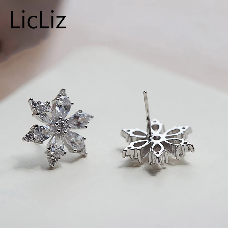 Licliz 925 Silver Star Серьги гвоздики Для женщин CZ Циркон снежинка Стад Пронзительный