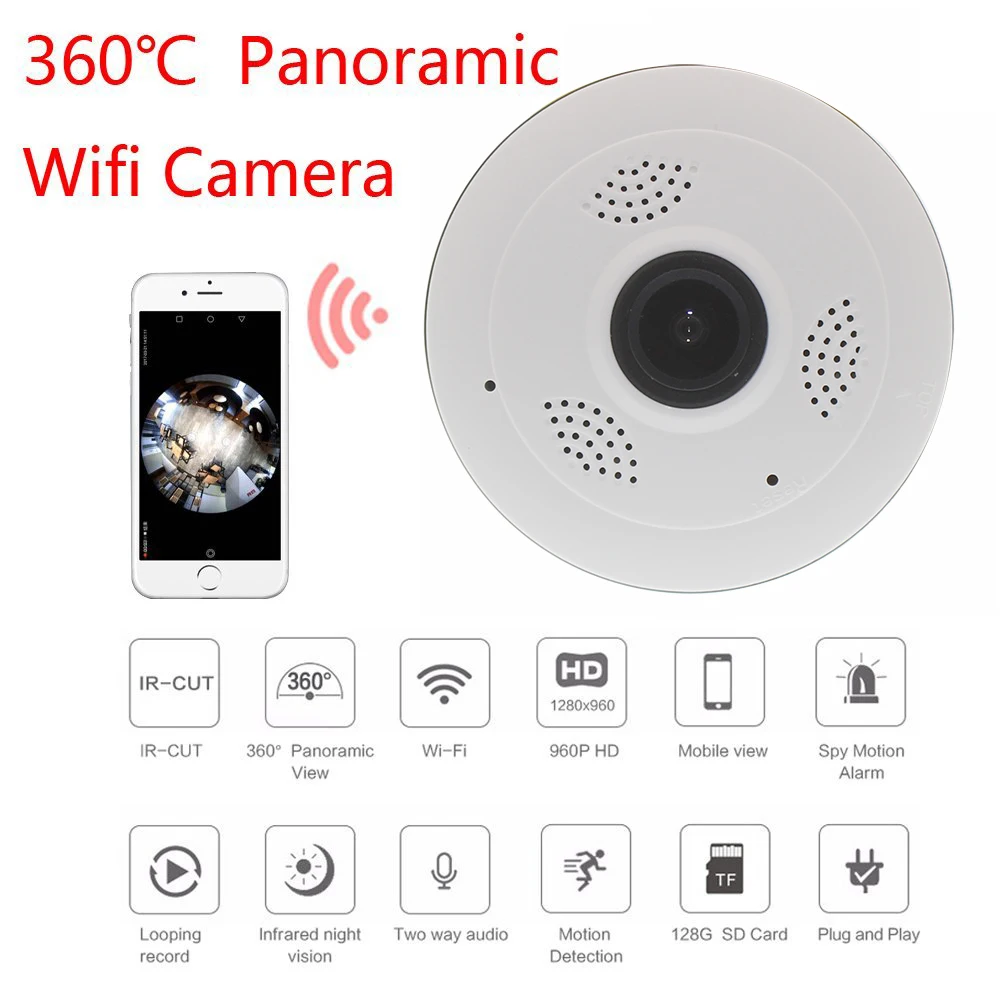 

360 Degree Panoramic Camera IP 960P 1.3MP Home Security IP Camera Wifi Two Way Audio WebCam SD Card Slot Digital PTZ