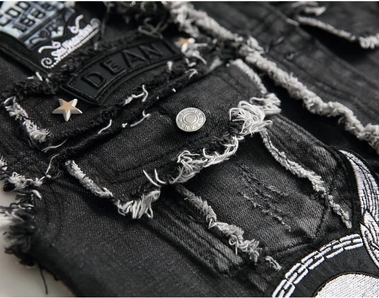 Хип-хоп джинсы жилет Для мужчин с вышитой надписью черепа заклепки черная дыра Куртки без рукавов мужской в стиле панк-рок Жан жилеты DS50541