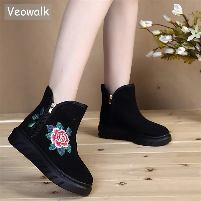 

Veowalk 2018 Flower Embroidered Women Casual Ankle Boots Zip up Ladies Cotton Comfort Flat Booties Autumn Winter Shoes Boats