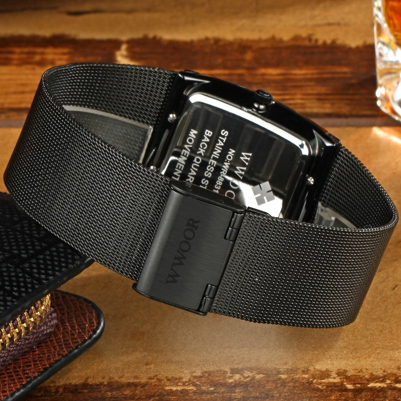 WWOOR Top Brand Luxury Mens Square Quartz Watches Male Waterproof Date Clock Black Stainless Steel Mesh Business Men Wrist Watch