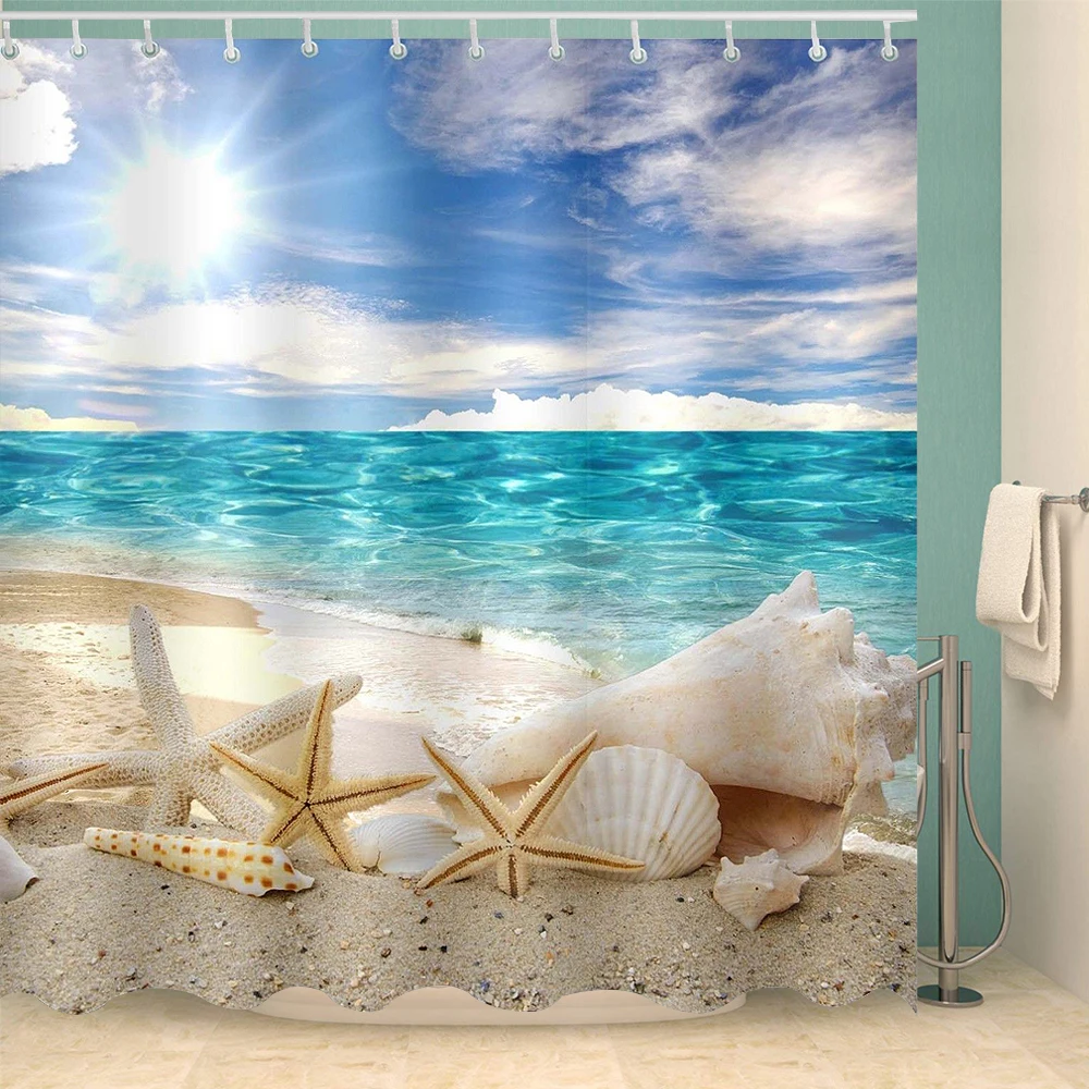 

Sunshine Beach Seashell bathroom Shower for home Product Decoration Waterproof Sandy beach bath curtain
