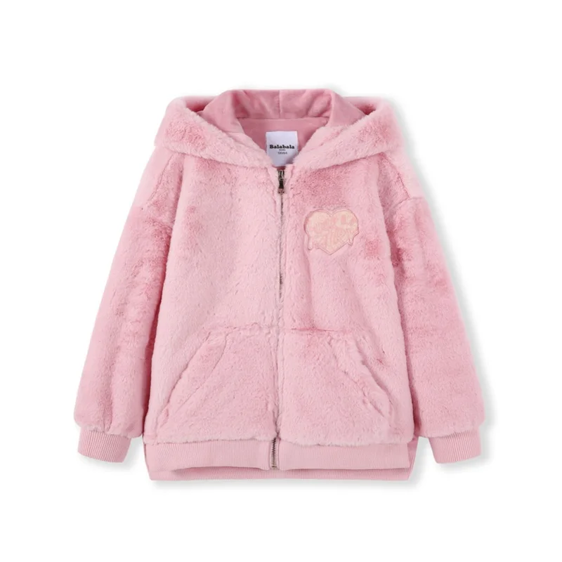 Balabala/плюшевая куртка с капюшоном на флисовой подкладке на молнии для девочек-подростков, куртка на молнии с вышивкой и разрезами на манжетах сбоку - Цвет: Dream Pink