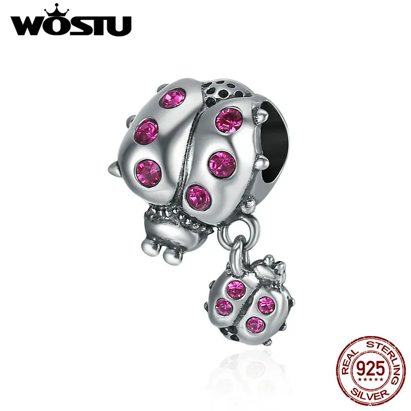 

WOSTU Genuine 925 Sterling Silver Ladybug Story Clear CZ Dangle Charm Pendant fit Women Charm Bracelet Necklace Jewelry DXC364