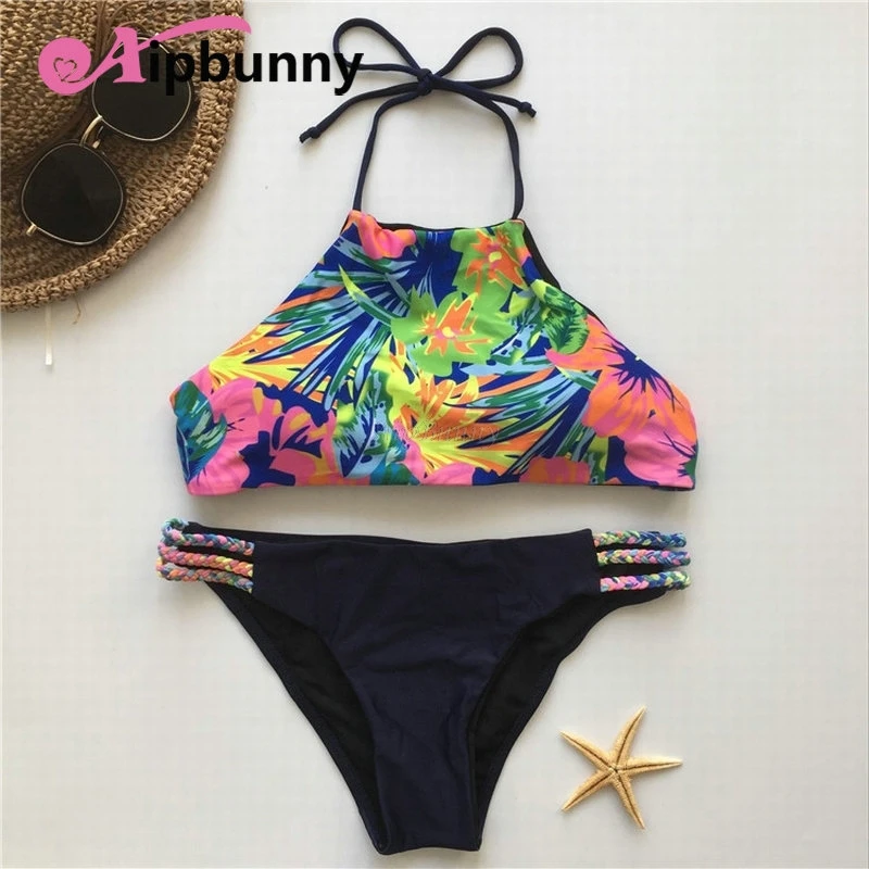 

Aipbunny Sexy Flower Printed Halter Mayo Bikinis Set maillot de bain femme 2018 Swimwear Bathing Suit biquinis Women Swimsuit