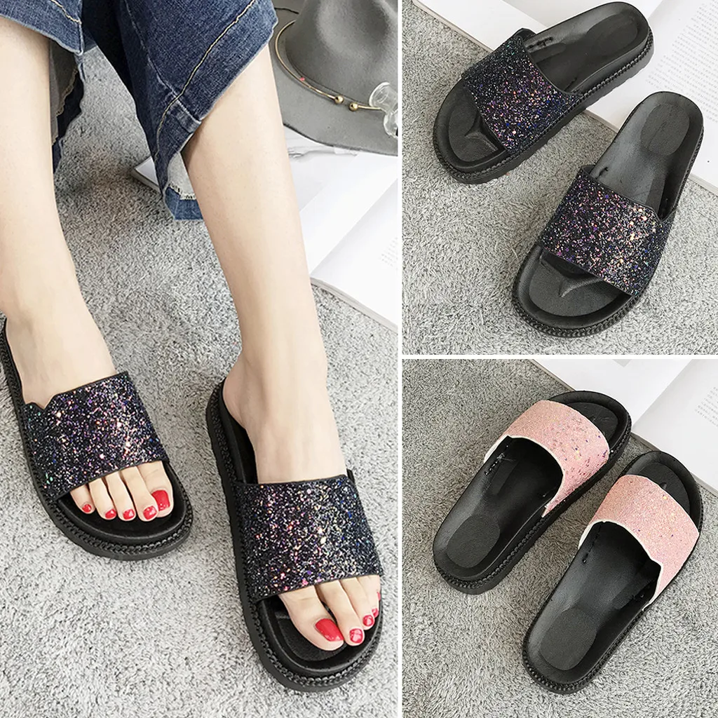 

Summer Women's Slippers Sequined Muffin Thick Bottom Shoes Flat Non-Slip Slipper pantoufle femme hiver chaud non glissement #89