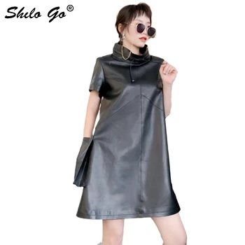 

Turtleneck Leather Dress Women Summer Concise Side Pocket Short Sleeve Sheepskin Genuine Leather Dress Casual Loose Female Dress