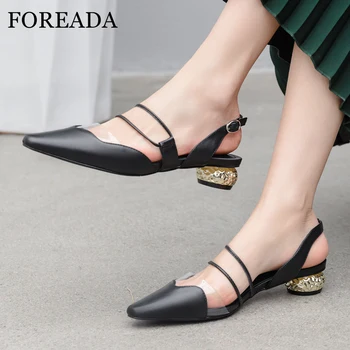 

FOREADA High Heels Women Slingbacks Shoes Natural Genuine Leather Strange Style Heels Shoes Transparent Buckle Lady Shoes 3-10