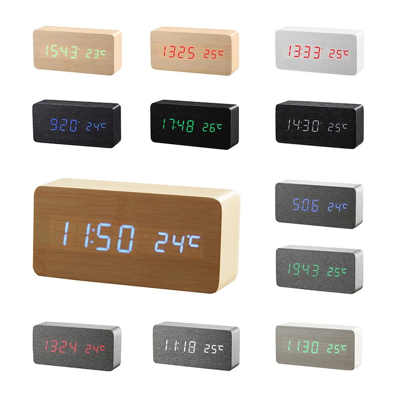 Wooden LED Alarm Clock Time date temperature Digital Bamboo Wood Clock Voice Activated Table Clocks Reloj