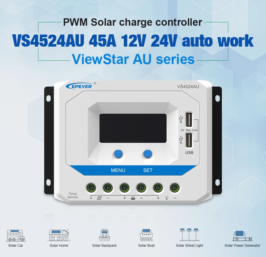 EPEVER 45A Solar Controller 12V 24V Auto VS4524AU PWM Charge Controller with Built in LCD Display and Double USB 5V Port_01