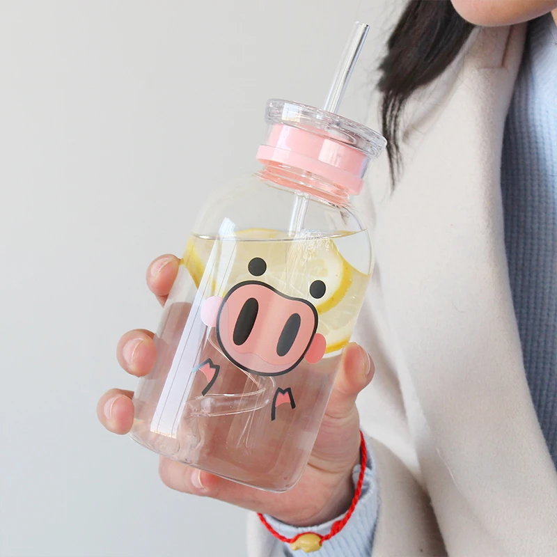 

450ML Cute Cartoon Straw Water Bottle Sippy Transparent Glass Bottle Student Large Capacity Leak-proof Drink Portable Bottles