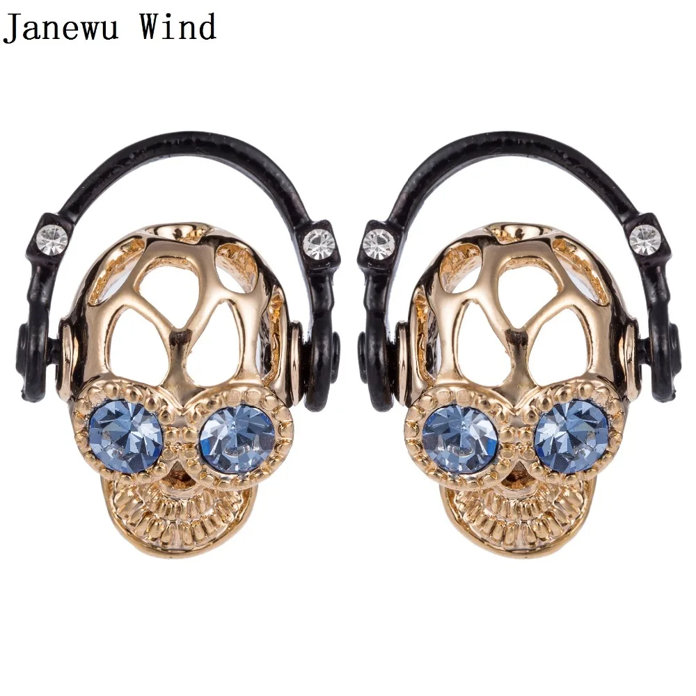Janewu Wind Rock Skull Head Stud Earring metal punk style blue crystal eye Headset Skeleton women | Украшения и аксессуары
