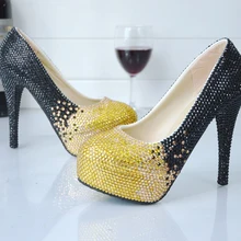 Schwarz und Gold Strass Braut Schuhe 2017 Neueste Art Chrismas Prom Party High Heel Schuhe Hochzeit Pumpen Bankett Schuhe