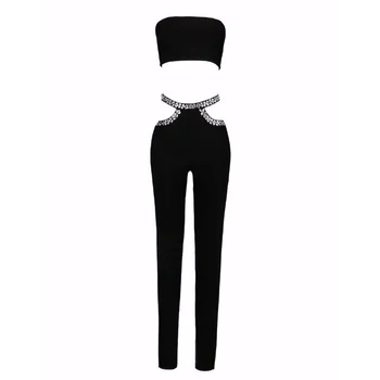 

Fashion New Arrival 2020 Sexy Bodycon Jumpsuits Strapless Off Shoulder Waist Beading Two Piece Sets Celebrity Bandage Jumpsuits