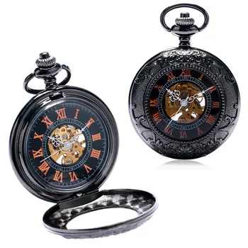 

Luxury Cool Retro Roman Number Steampunk Skeleton Mechanical Fob Pocket Watch With Chain Free Drop Shipping